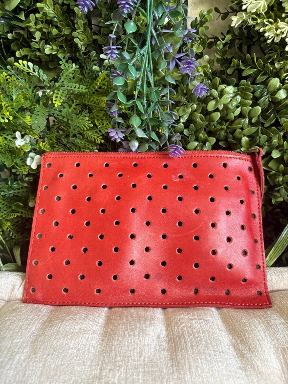 Red Perforated Leather Wristlet Clutch - Women's Bag